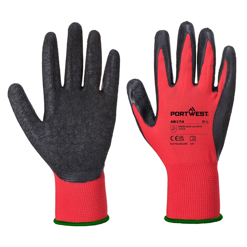 AB174 Rukavice Grip 13 s vráskavým latexovým povrstvením (12 párov) Portwest, červená/čierna, L